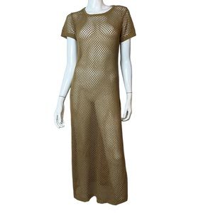 Afghan Fishnet Short Sleeve Maxi Dress Beach Tan Swimsuit Coverup